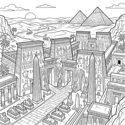 Immerse yourself in the glory of ancient Egypt with this detailed coloring page featuring a sprawling temple complex. Bring to life the towering pylons, intricate hieroglyphics, and majestic obelisks of a civilization built on awe-inspiring architecture.