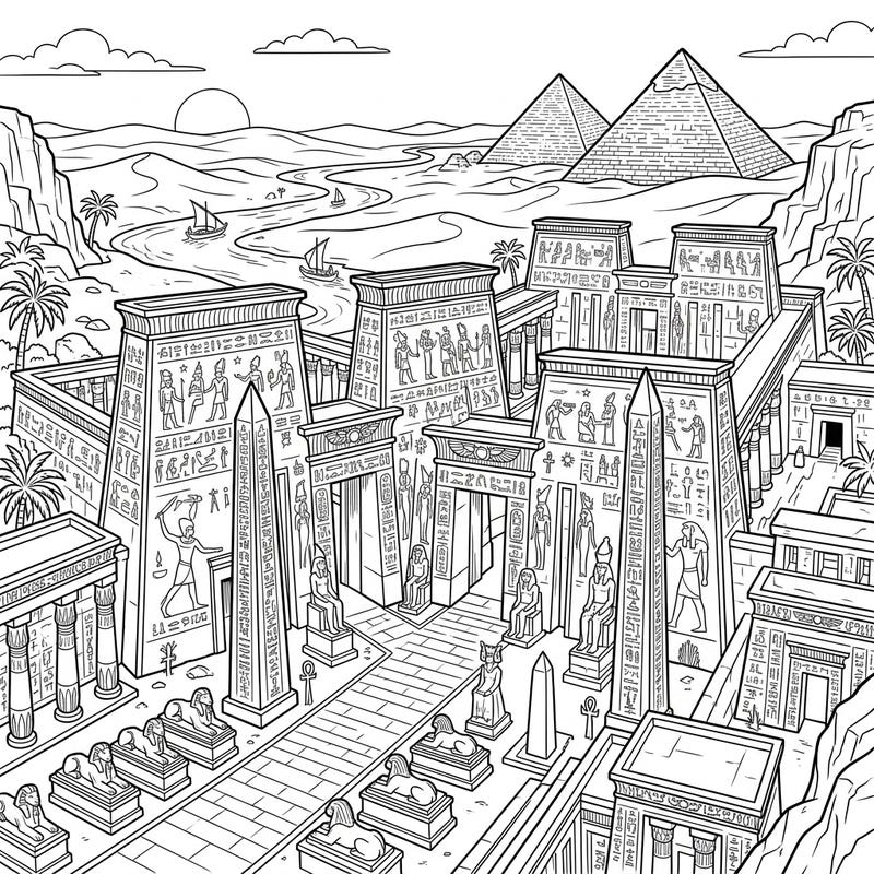 Immerse yourself in the glory of ancient Egypt with this detailed coloring page featuring a sprawling temple complex. Bring to life the towering pylons, intricate hieroglyphics, and majestic obelisks of a civilization built on awe-inspiring architecture.