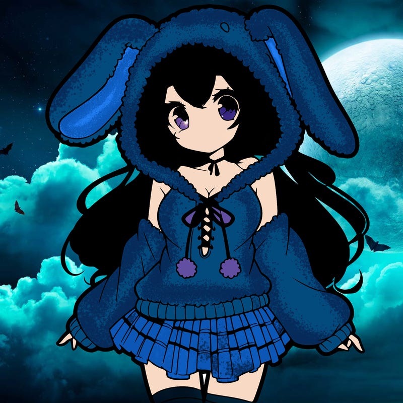pretty anime girl wearing a fluffy hoodie with bunny ears on the hood and a skirt