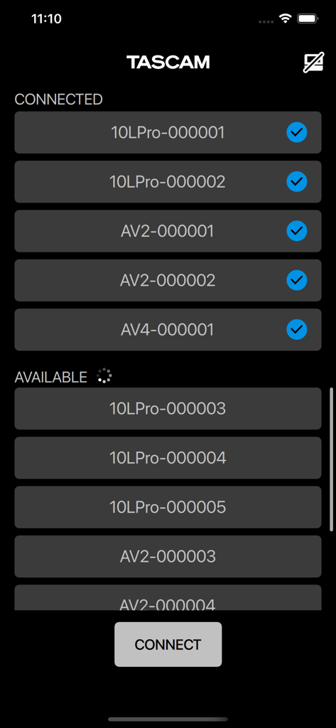 TASCAM RECORDER CONNECT - Interface of the TASCAM RECORDER CONNECT app showing connected and available recording units