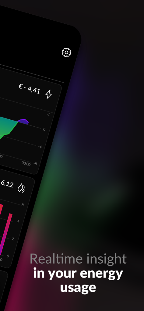 HomeWizard Energy - Interface de l'application HomeWizard Energy affichant les graphiques de consommation d'électricité et de gaz en temps réel sur un tableau de bord sombre.