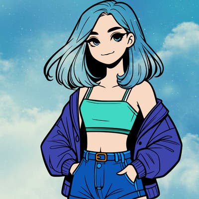 a realistic girl with a crop top and short shorts in an open jacket