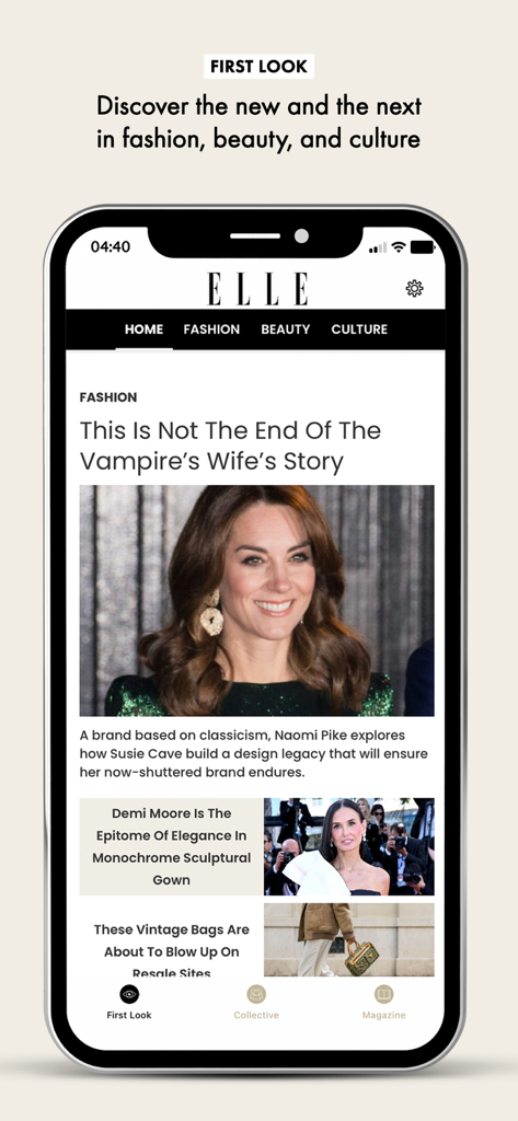 Smartphone displaying the ELLE UK app home screen with fashion news articles and celebrity photos