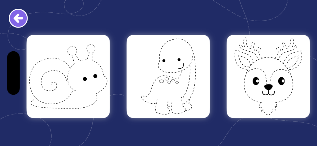 ABC 123 Letters Tracing Kids - Educational screen showing dashed outlines of a snail, dinosaur, and deer for kids to trace.