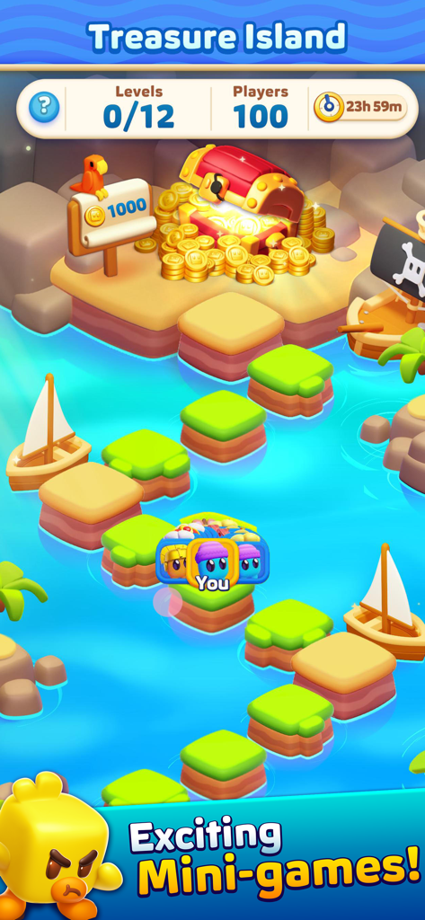 Block Jam - 3D Block Puzzle - Block Jam 3D mini game screen showing the Treasure Island level with a pirate theme and gold chest