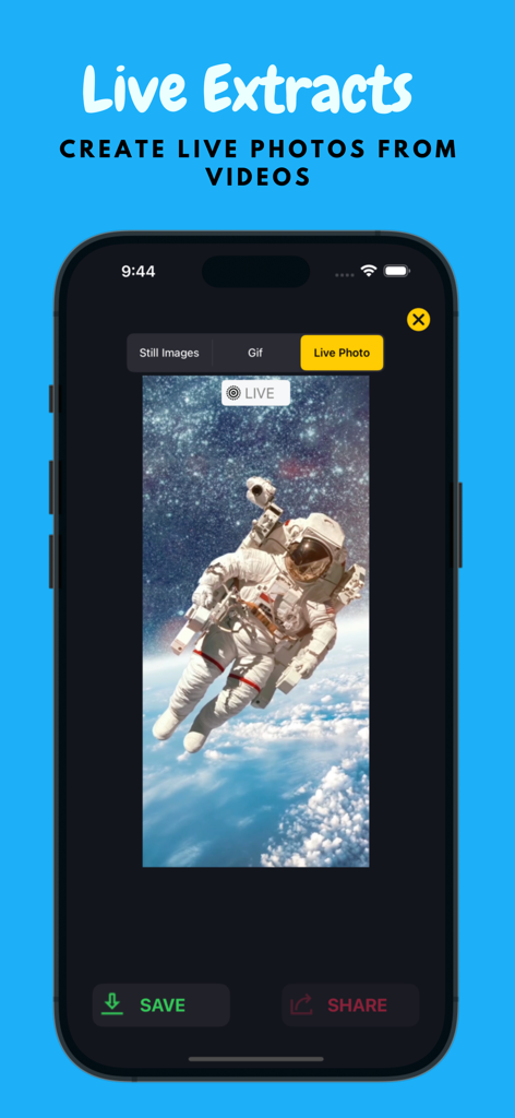 Interfaz de la aplicación Live Photo Convert que muestra el proceso de creación de una foto en vivo a partir de un vídeo de un astronauta en el espacio.