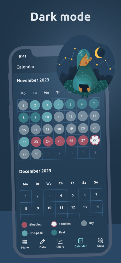 Read Your Body fertility awareness app dark mode calendar interface