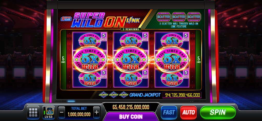 Slot machine gameplay in Vegas Holic app showing triple 5x wild symbols and a huge grand jackpot