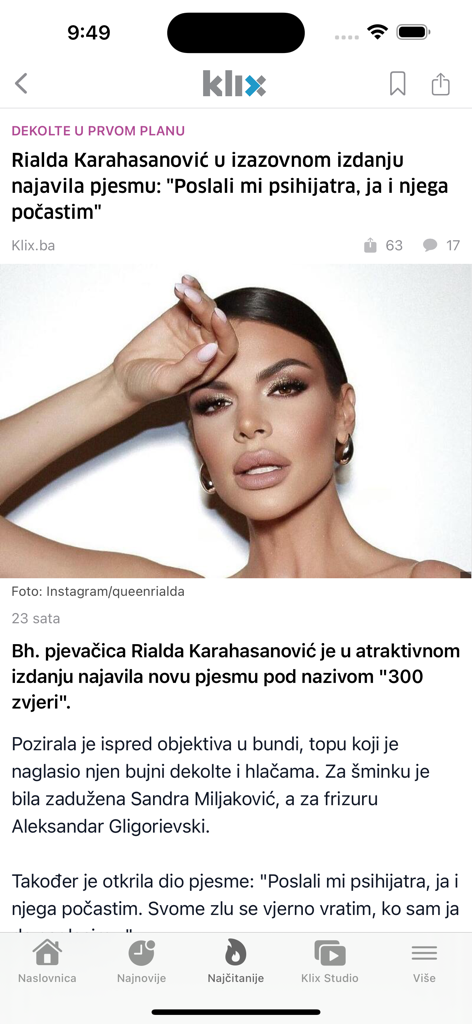 Captura de pantalla de la aplicación de noticias Klix.ba que muestra un artículo de entretenimiento sobre la cantante bosnia Rialda Karahasanovic.