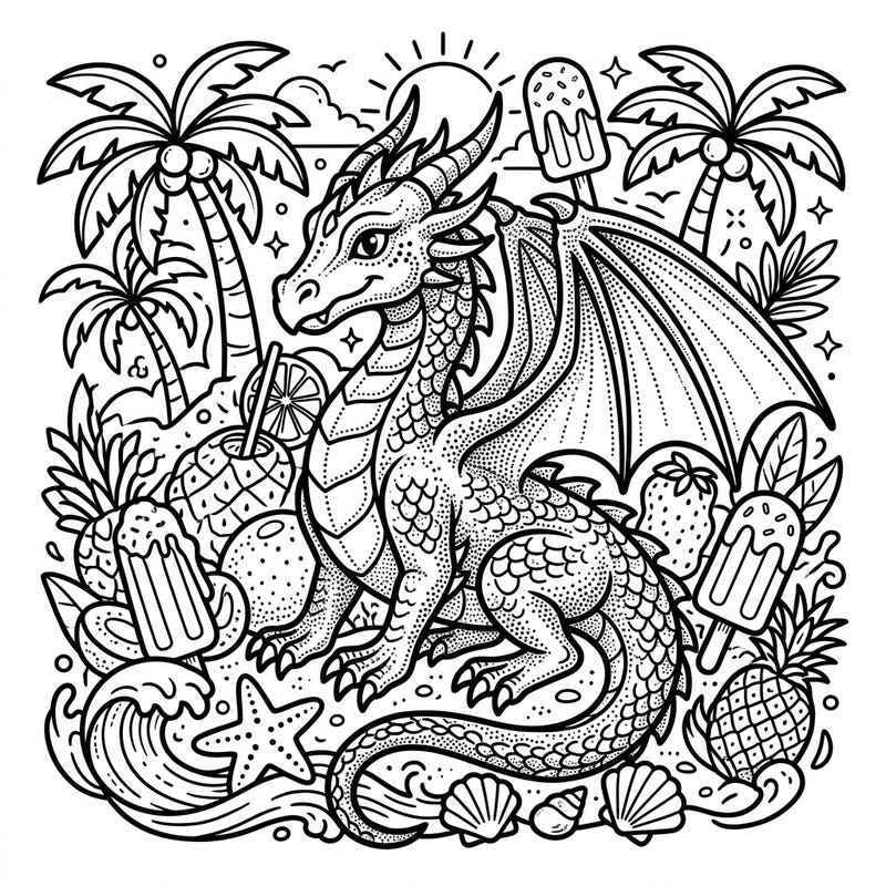 Unleash your creativity with this stunning dot work dragon coloring page set against a lively summer beach backdrop. Explore intricate details and tropical vibes, perfect for a relaxing and engaging artistic escape.