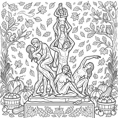 Dive into the rich tapestry of autumn with this unique coloring page, blending classical people sculptures with the bounty of fall. Experience the beauty of human form nestled amongst falling leaves, harvest crops, and charming woodland animals, ready for your creative touch.