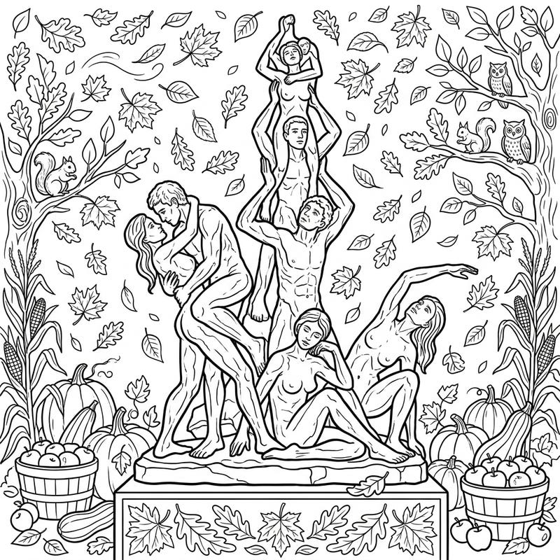 Dive into the rich tapestry of autumn with this unique coloring page, blending classical people sculptures with the bounty of fall. Experience the beauty of human form nestled amongst falling leaves, harvest crops, and charming woodland animals, ready for your creative touch.