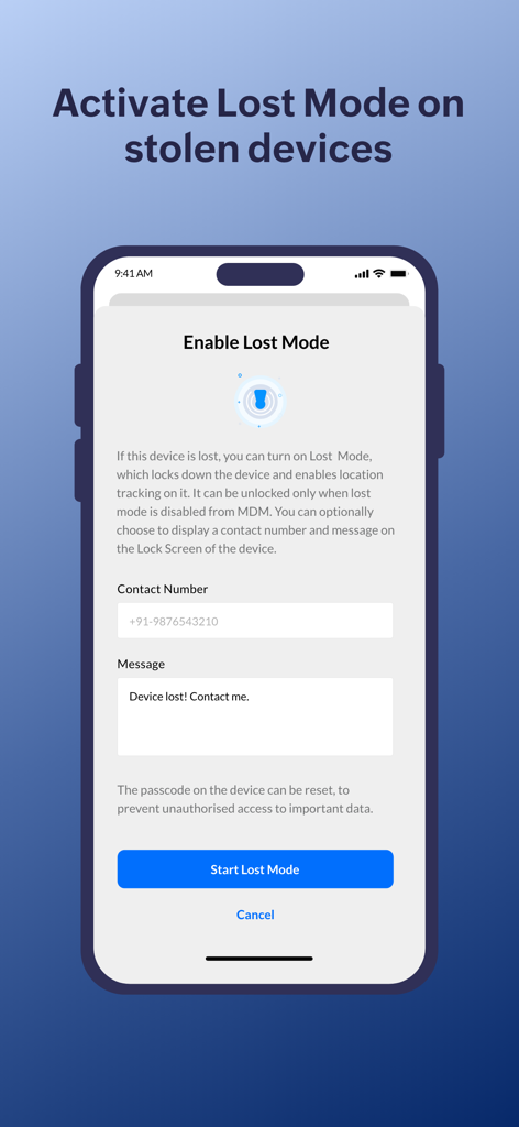 Interfaccia che mostra la schermata di attivazione della Modalità smarrito per proteggere i dispositivi rubati in Mobile Device Manager Plus