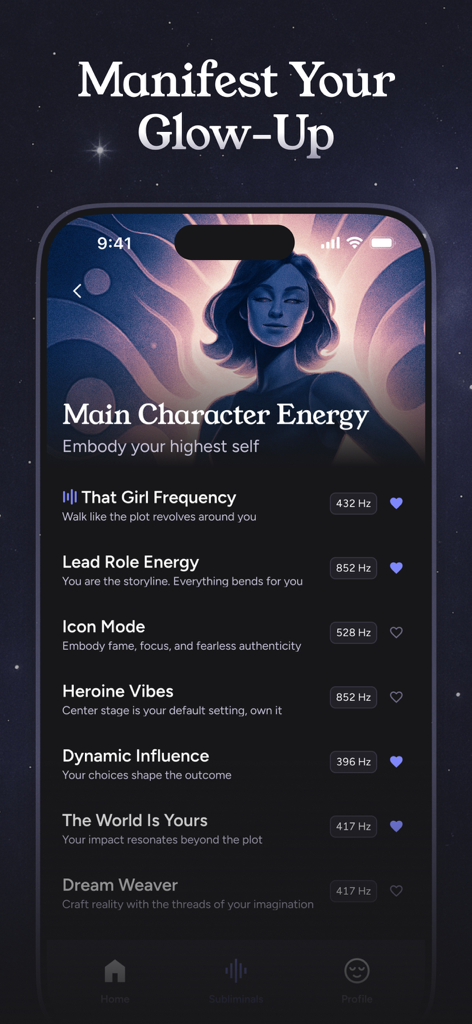Fate – Subliminals - Pantalla de la aplicación Fate Subliminals mostrando pistas de audio de manifestación para el automejoramiento y la confianza