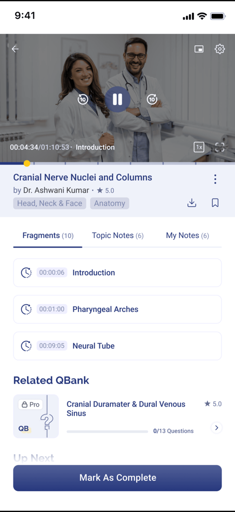 Mobile screen of the eGurukul app showing a medical video lecture on anatomy with notes and navigation fragments