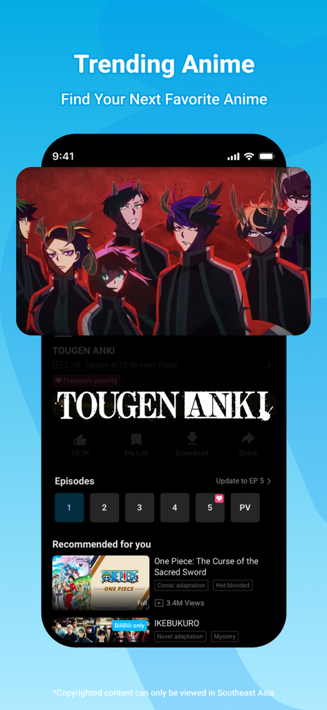 Screenshot der BiliBili Mobile App, die trendige Anime-Titel und empfohlene Videos in einer Dark-Mode-Oberfläche anzeigt.