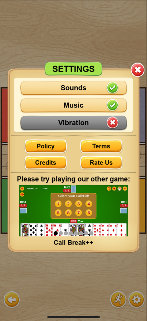 Ludo Neo-Classic - Settings menu of the Ludo Neo-Classic app showing sound music and vibration toggles along with a promotion for the Call Break game