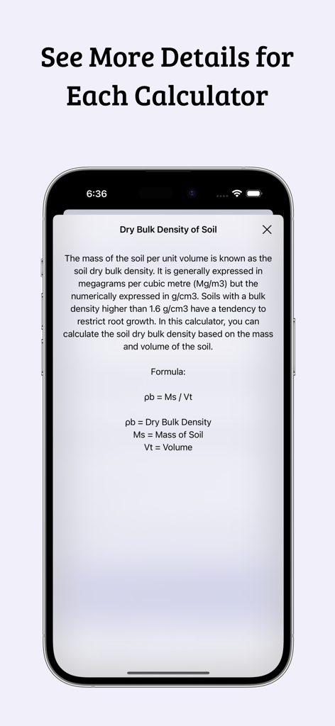 Fluid Mechanics Calculator - Screenshot of Fluid Mechanics Calculator app displaying the formula and technical description for Dry Bulk Density of Soil.