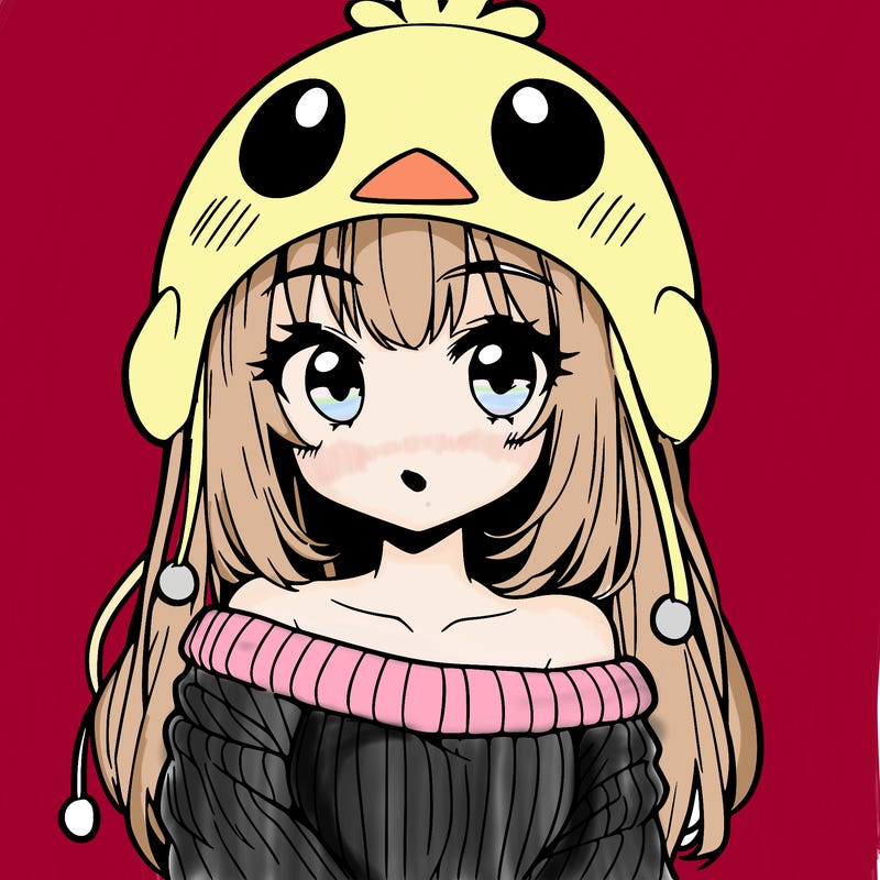 anime girl with chick shaped hat with sweater with bare shoulders with bangs covering them one eye with low tail
