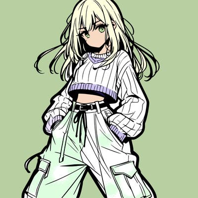 anime teen girl with baggy pants and crop top with sweater