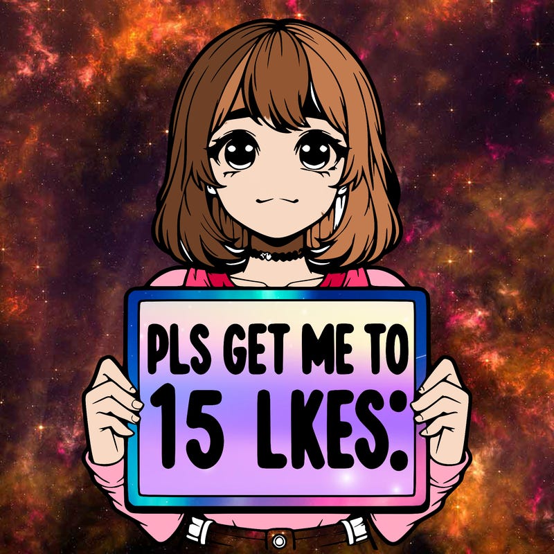 realistic girl holding up a sign that says “pls get me to 15 likes!”