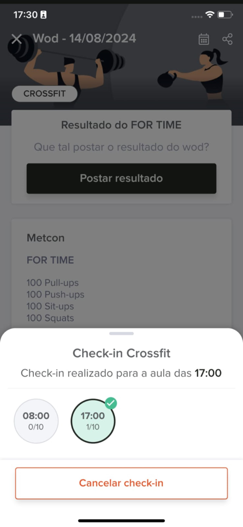 Tecnofit Box - Interface do aplicativo Tecnofit Box mostrando o WOD de CrossFit e a confirmação de check-in na aula