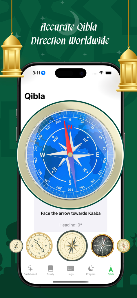 Mobile app screen showing a digital Qibla compass for finding prayer direction with several compass design options.