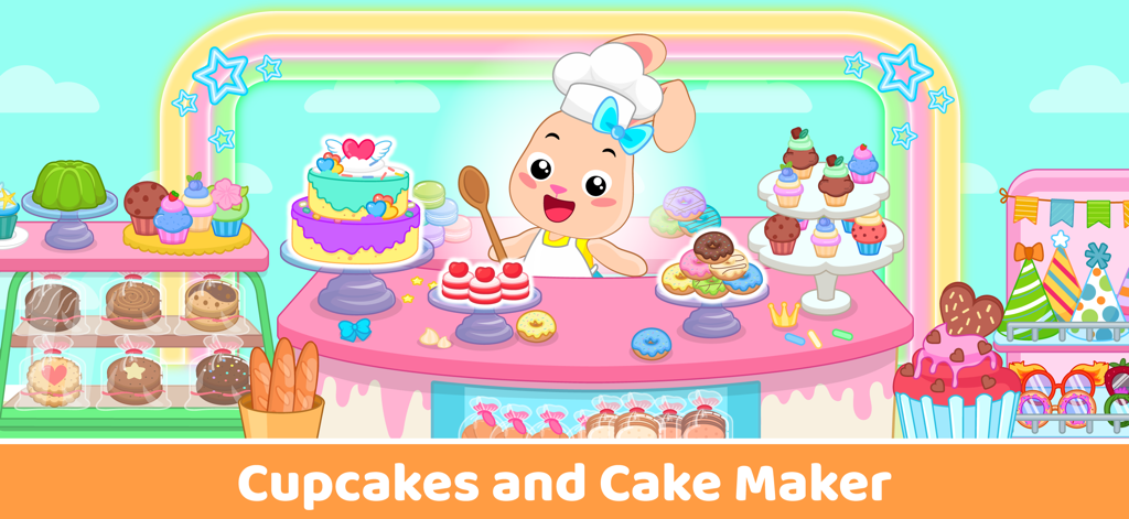 Supermarket Game Kids Shopping - Un lindo chef conejo en un mostrador de panadería con pastelitos y tartas