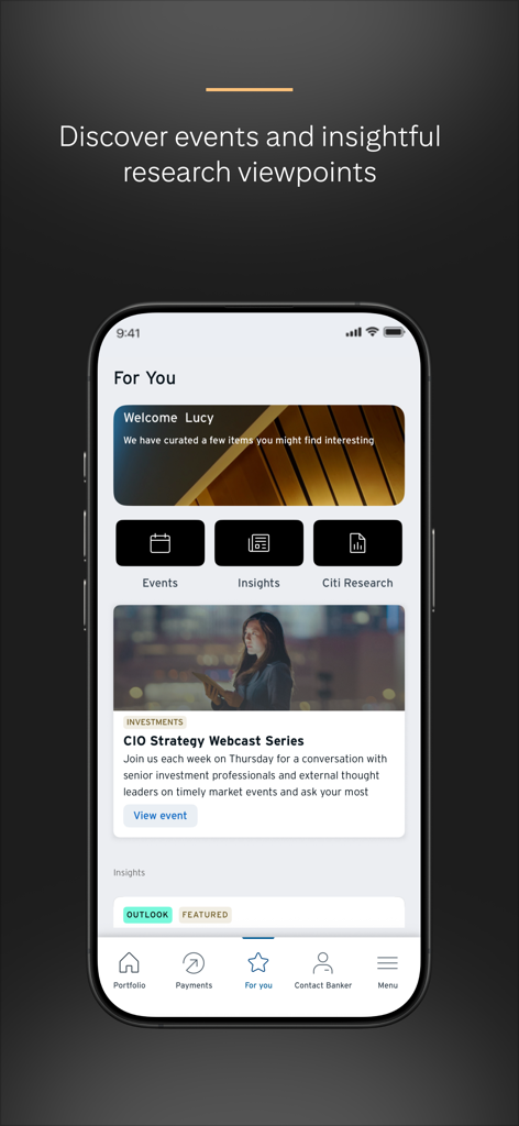 Citi Private Bank In View - Personalized dashboard of the Citi Private Bank In View app featuring investment research and events.