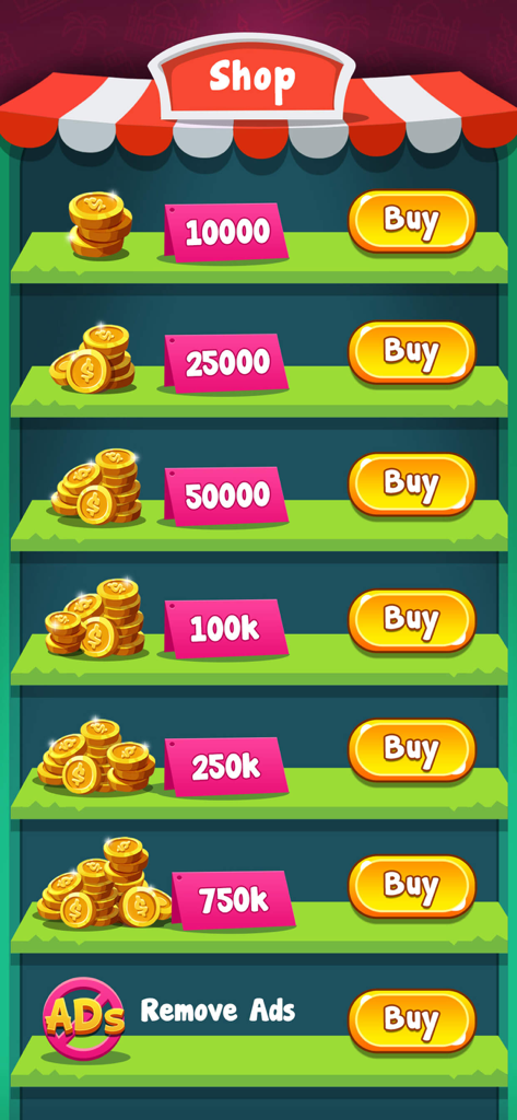 In-game shop of Carrom Master displaying coin packs and a remove ads option on shelves