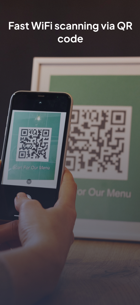 An iPhone scanning a QR code on a restaurant menu to connect to WiFi