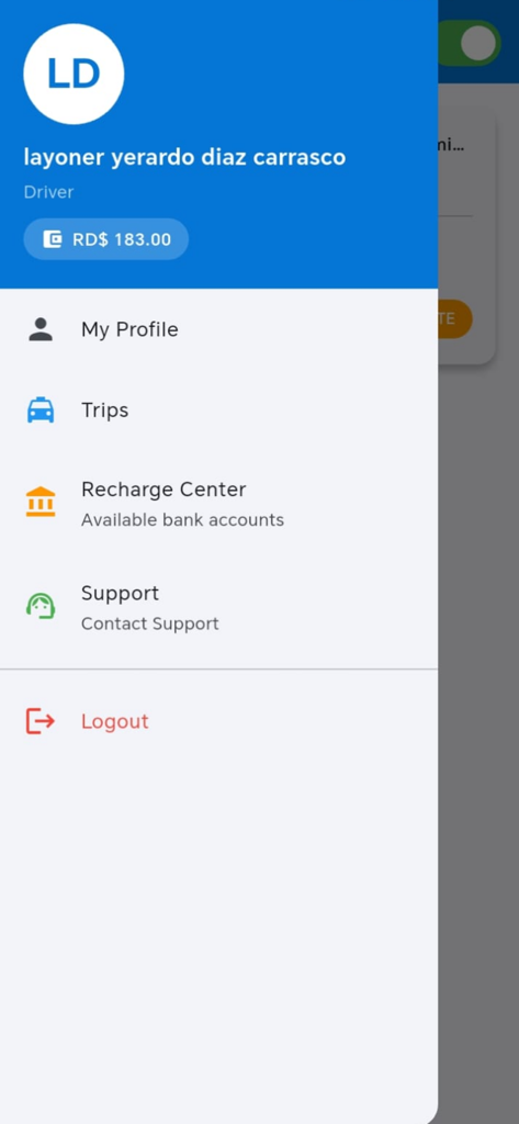 Side menu interface of the Punta Cana Rides Lux app for drivers