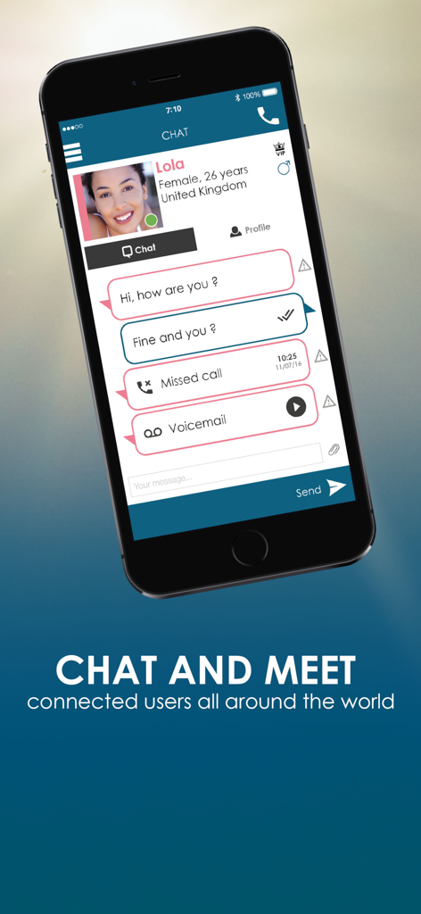 Babel : chat, dating & love. - Écran de chat de l'application de rencontres Babel affichant des messages et des notifications d'appels manqués avec le profil d'un utilisateur international.