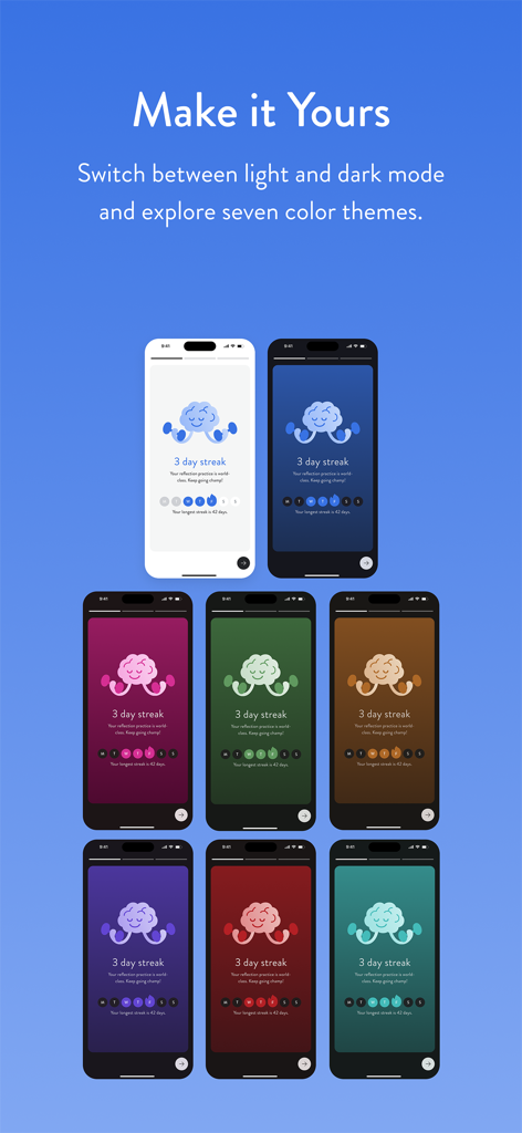 Mindsera: Daily AI Journaling - マインドセラアプリのインターフェースをさまざまなカラーテーマとダークモードで表示するスマートフォンの画面のコレクション。