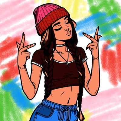 realistic teenage girl with braids and a beanie and crop top doing 🫶🏼