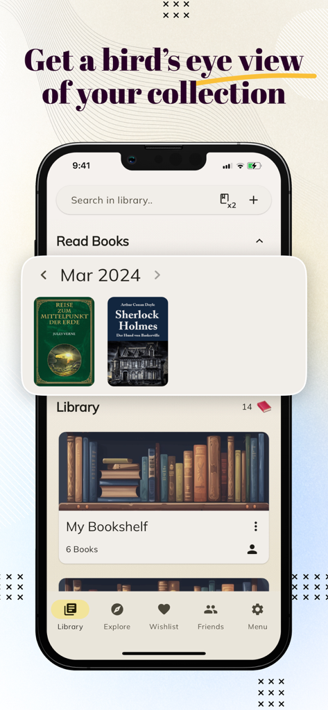 iPhone screenshot of the Book Tracker app showing a virtual library collection and read books for March 2024