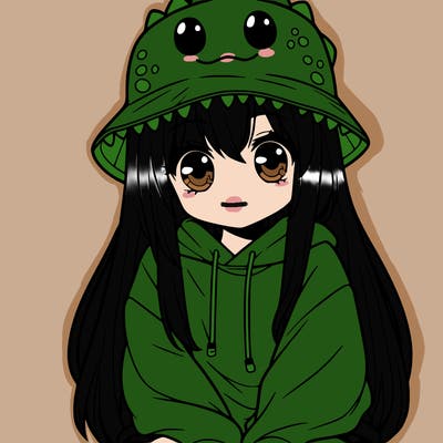girl with anime shaped eyes with a dinosaur bucket hat oversized sweatshirt long straight hair