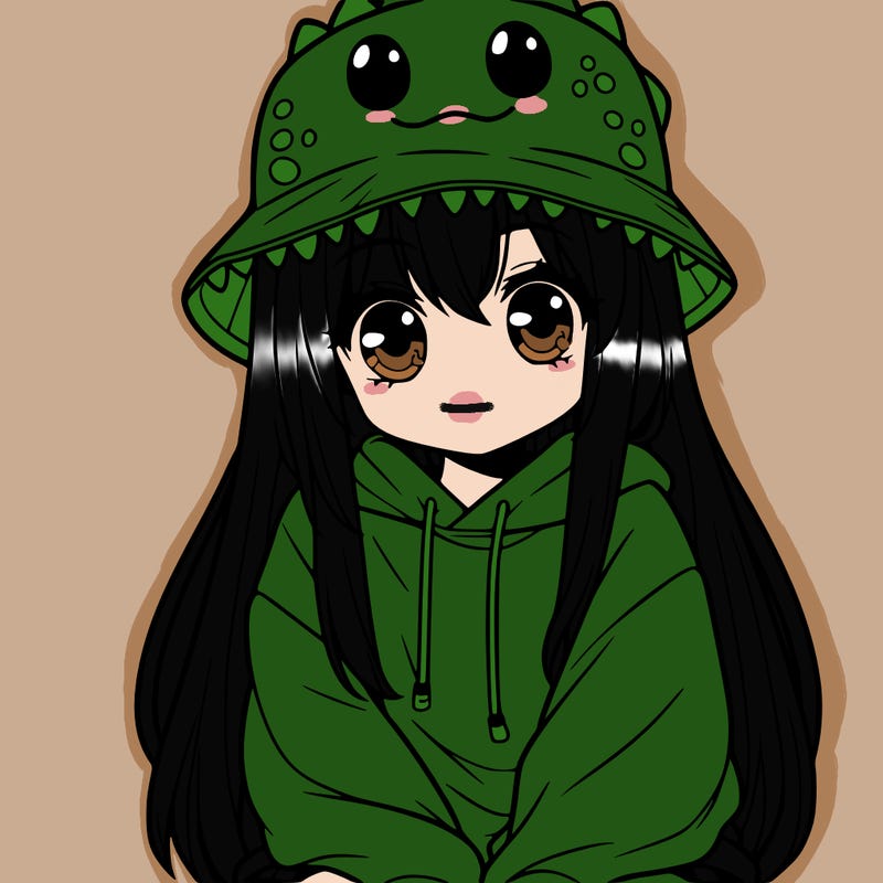 girl with anime shaped eyes with a dinosaur bucket hat oversized sweatshirt long straight hair