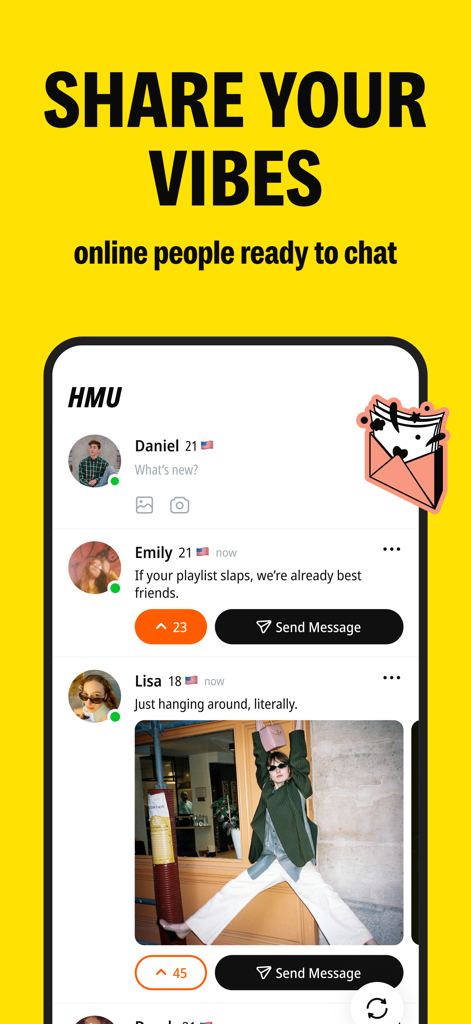 BeFriend app interface showing the HMU feed with teenage users ready to chat and share their vibes