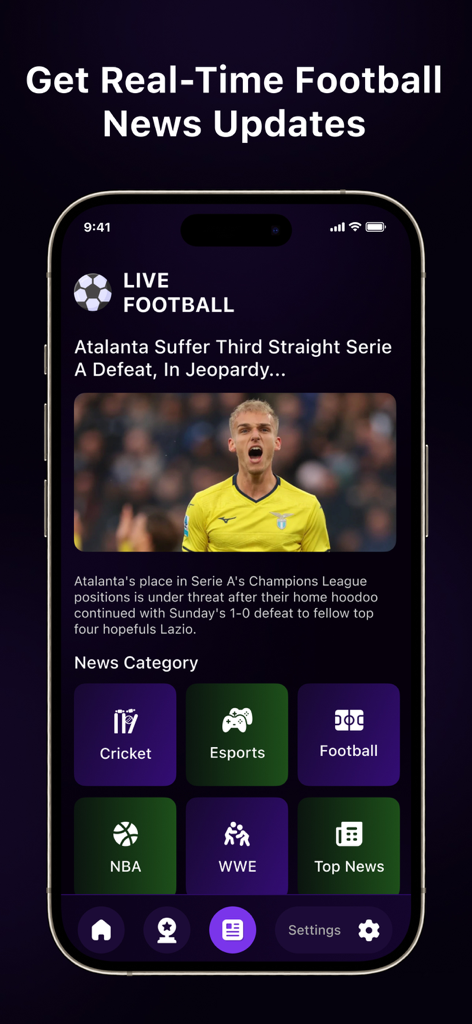 Live Football TV - Live Match - Interface d'application mobile de FootMantra montrant les nouvelles de football en temps réel et diverses catégories sportives comme la NBA et le cricket