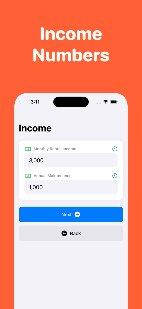 Real estate investment income input screen for calculating internal rate of return
