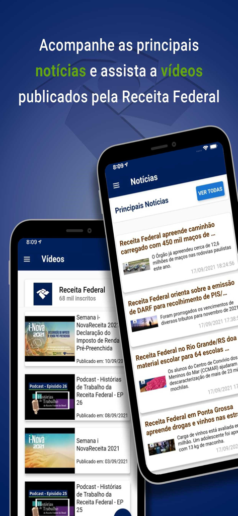 Receita Federalモバイルアプリのインターフェース。ニュースとビデオセクションを表示。