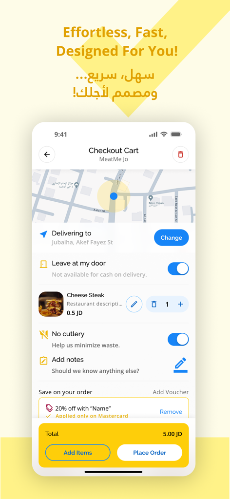 Mythings - أشيائي - Mythings app checkout cart screen showing a food order with delivery options and map