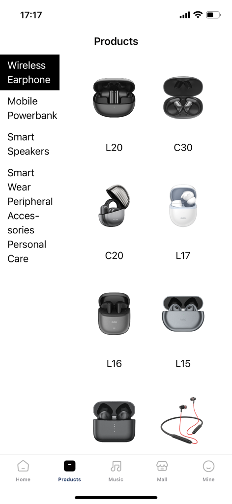 RIRO - Catálogo de productos de la aplicación RIRO que muestra varios modelos de auriculares inalámbricos como L20 y C30