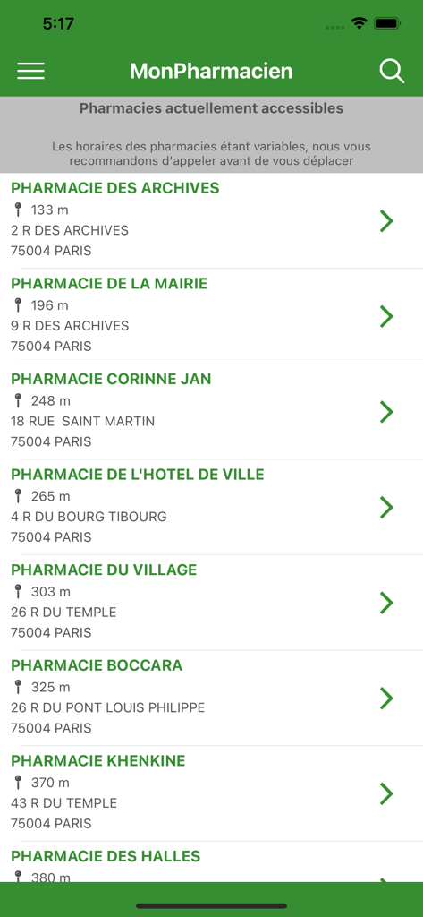 Liste des pharmacies ouvertes à proximité à Paris dans l'application mobile Mon Pharmacien