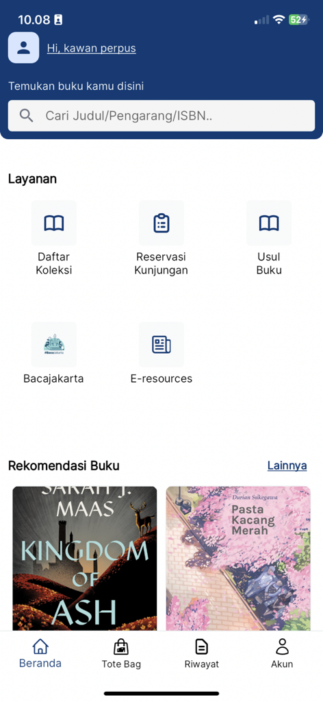 Jaklitera library app home screen with book search and service icons