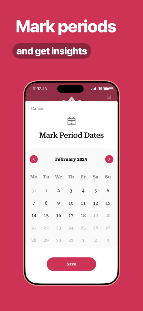 PCOS Tracker App - PCOS Tracker App mobile screen showing a calendar to mark period dates and get hormonal insights