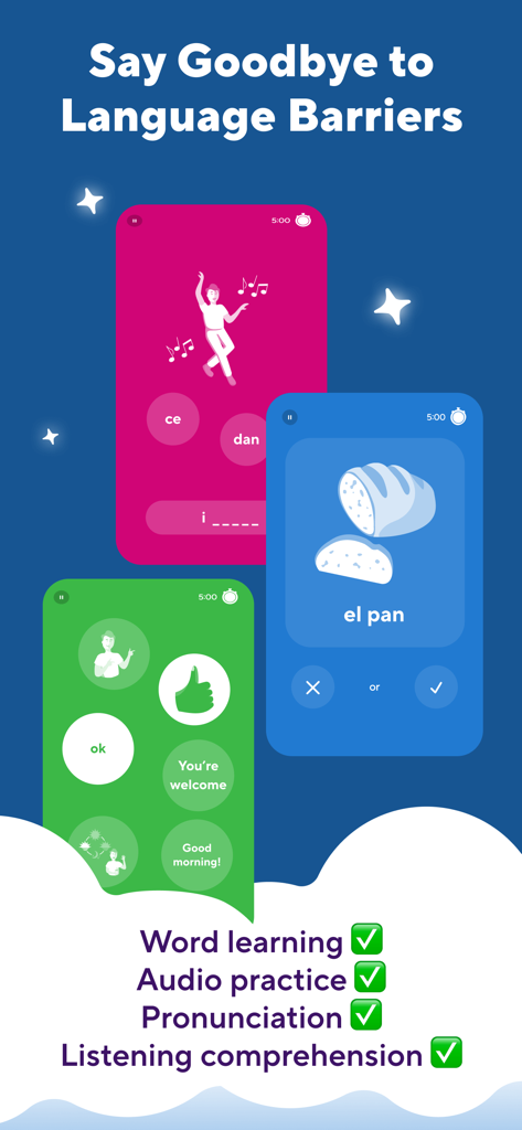 L'interface de l'application d'apprentissage des langues Drops propose des écrans de jeu de vocabulaire colorés et une liste de fonctionnalités.