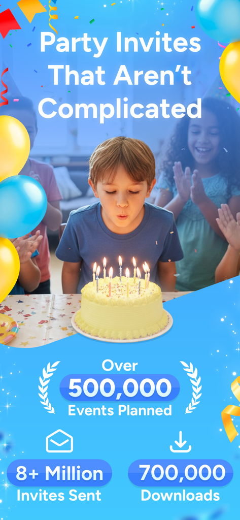 Invitd App-Bildschirm, der einen Jungen zeigt, der Geburtstagskerzen ausbläst, und Social-Proof-Statistiken für geplante Veranstaltungen und versendete Einladungen