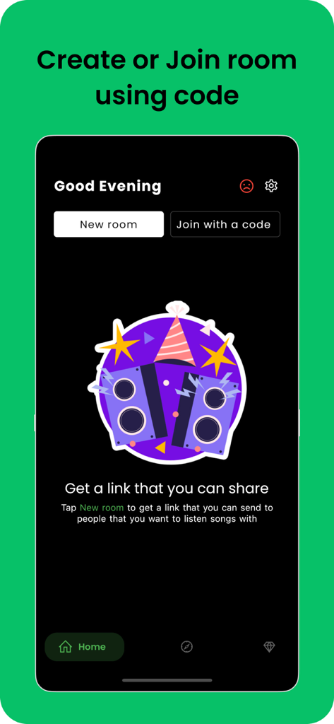 Groic : Listen music togther - Interfaz de la aplicación Groic mostrando opciones para crear o unirse a una sala de escucha de música con un código.